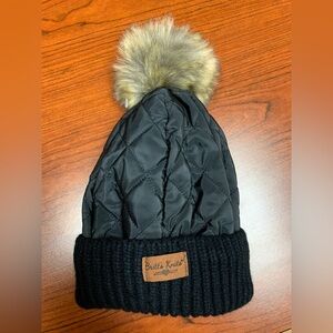 Black Quilted woman’s Beanie with Faux Fur Pom